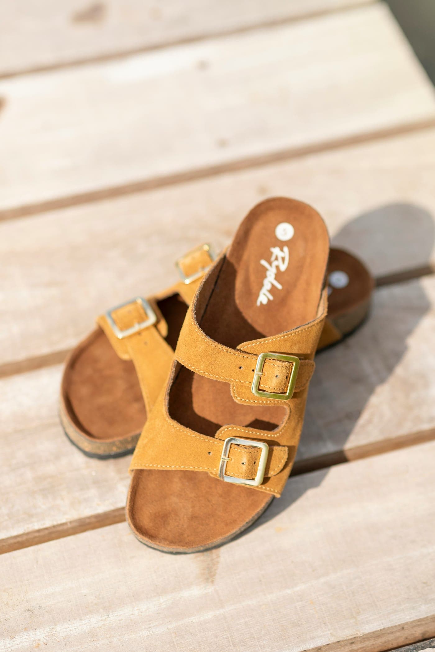 Tan Suede Double-Buckle Sandal